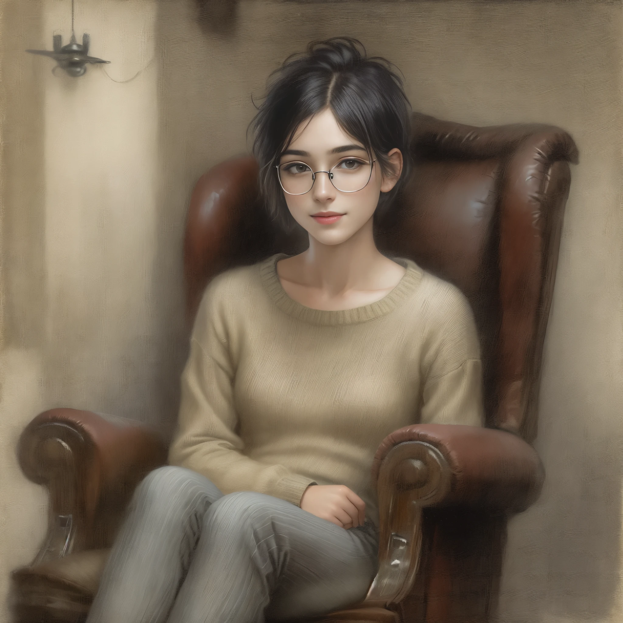 realism, realism, Small painting by Jean-Baptiste Monge, portrait of a 25 year old girl in a chair (boyish style ) ,Soft facial features, With light makeup, dark pink lips, lip shape"pearlescent" , "smooth lips," smiling, curved eyebrows in the shape of Engriberts, light gray eyes, heavy-lidded eyes, (boyish style ), short haircut, Straight black hair, wear a knitted sweater, Wears trousers, sitting in a chair, crossed feet, Hands on the armrests , Human Hand, Very clear, Without flaws, five fingers, fireplace in the foreground, fairy tale, Christmas style,  Fantastic tale, John Tolkien style, anthropomorphic --ar 2:3 --testp - optimistic;