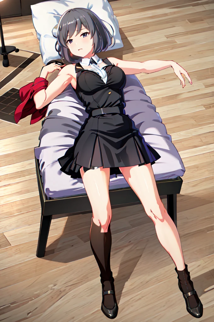 (SFW:1.5), Lying, bed, Open crotch, Dettol, Spread legs, show armpit, Downge-out, (masterpiece), can wear skirt or shorts, long stockings or pantyhose, large breasts, clothed,idol uniform