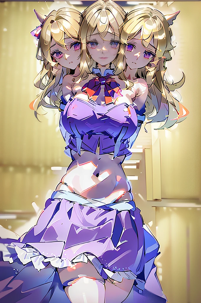 (masterpiece, best quality),best quality, (ultra-detailed), (3heads:1.5), 1girl, (maribel hearn:1.3), masterpiece, best quality, purple top, crop top, ((stomach)), midriff, ((groin)), purple skirt, frilled skirt, miniskirt, normal ears, shackles, blonde hair, very long hair, wavy hair, sidelocks, purple eyes, parted lips, single horn, sweat, cute, toned belly, hand on own chest, eyelashes, (24 year old woman:1.3), (masterpiece:1.5), (best quality:1.5), (beautiful detailed extremely detailed CG, extremely delicate and beautiful, depth of field, (finely detailed face), (perfect details:1.3), (mature female:1.3), wide pelvis, slender, large veiny breast, 8k resolution, high quality, high definition, extremely detailed, masterpiece, best quality, blonde hair, long hair, alluring presence, twin braid, short skirt, close up, big tits, young, mob cap, white headwear, red bow on hat, skirt hold, hair between the eyes,