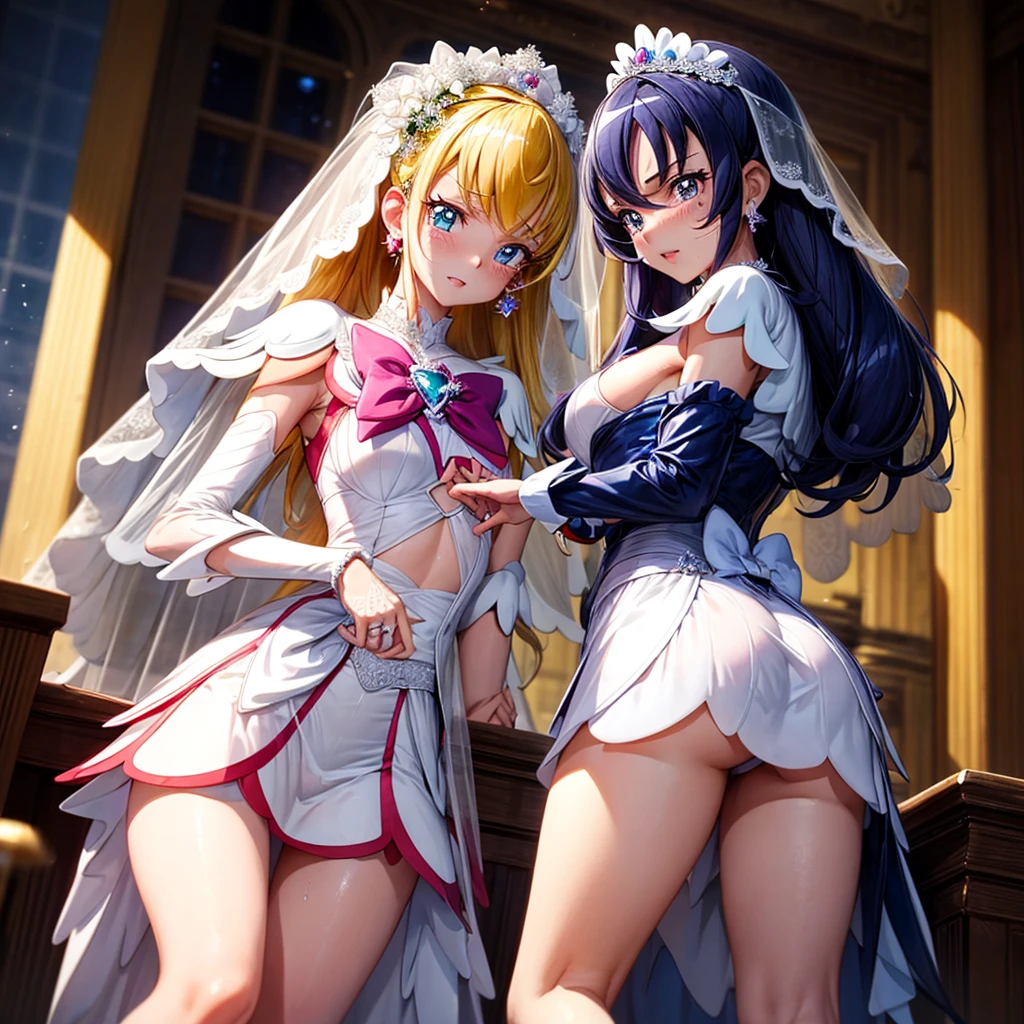 hight resolution, top-quality, ultra-quality, The ultra-detailliert, lighting like a movie、full of sweat、Wearing sweat、(((((sexy precure wedding)))))、、、(My whole body is sweaty、after sex、show off your pussy、not wearing underwear、accurate anatomy、beautiful nipples、protest、angry face、blush、)、Obscene atmosphere、Front Camera Angle