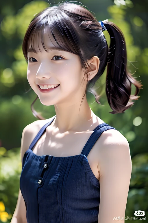 ((white short sleeve blouse、ultra mini pleated skirt、dark blue)), ((red tie))、 ((black boots))、((whole body esbion))、((side shot))、((、small and flat chest))、Beautiful girl with realistic black eyes, white skin, medium length black hair, perfect face, perfect eyes, very detailed, comprehensive movie, digital painting, 8K, cinematic lighting, highest quality, High resolution, detailed work, Post-processing, perfect results, surreal、Little dance、Frolic、My heart is excited、((8-year-old、Ten generations))