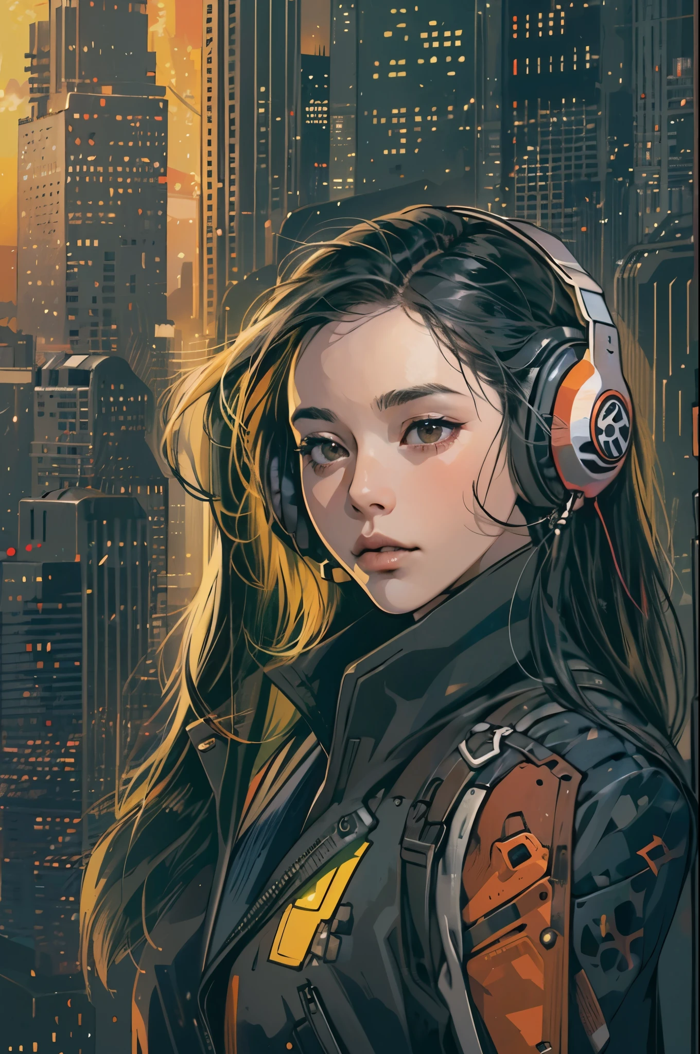 (absurdres, highres, ultra detailed, realistic, ), 1 18 year-old,girl, solo, elegance, long black hair, suits,brown eyes, (headphone),cyberpunk city background, ultra - detailed, best quality, Detailed diagram, vectorized, 8K, Graphic design, vector lines, Full-HD,full body