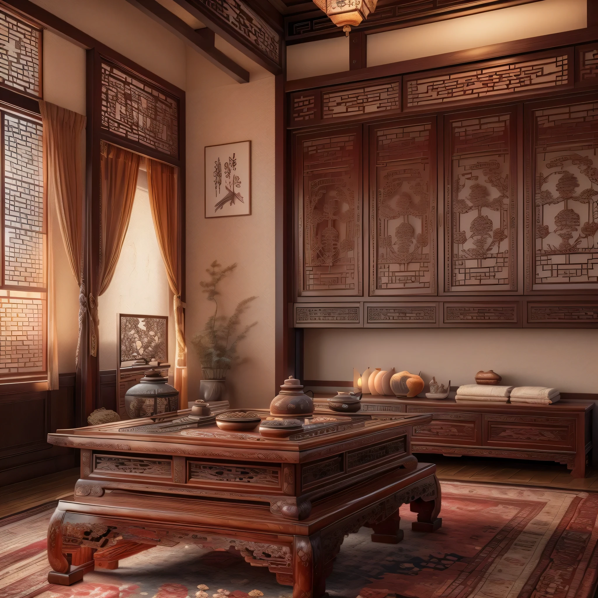 A traditional Chinese bedroom with antique wooden furniture, delicate carvings, and soft lighting, featuring ancient-style doors and elegant window coverings, ornate zither quietly placed in the corner, ink paintings hanging on the wall, exquisite jade carvings by the window, fragrant aroma diffusing throughout the room, displaying elegant calligraphy and antique artifacts, exuding a rich cultural atmosphere. (best quality,4k,8k,highres,masterpiece:1.2),ultra-detailed,(realistic,photorealistic,photo-realistic:1.37),traditional Chinese landscape,antique artistry,subtle and warm color palette,soft and natural lighting.