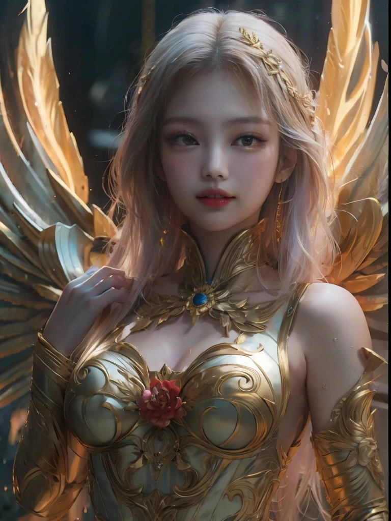 Golden armor, long blonde hair, golden pupils, golden light background, golden transparent wings, smiling, two dots on the forehead, one blue and one red, flashing notes around, maiden