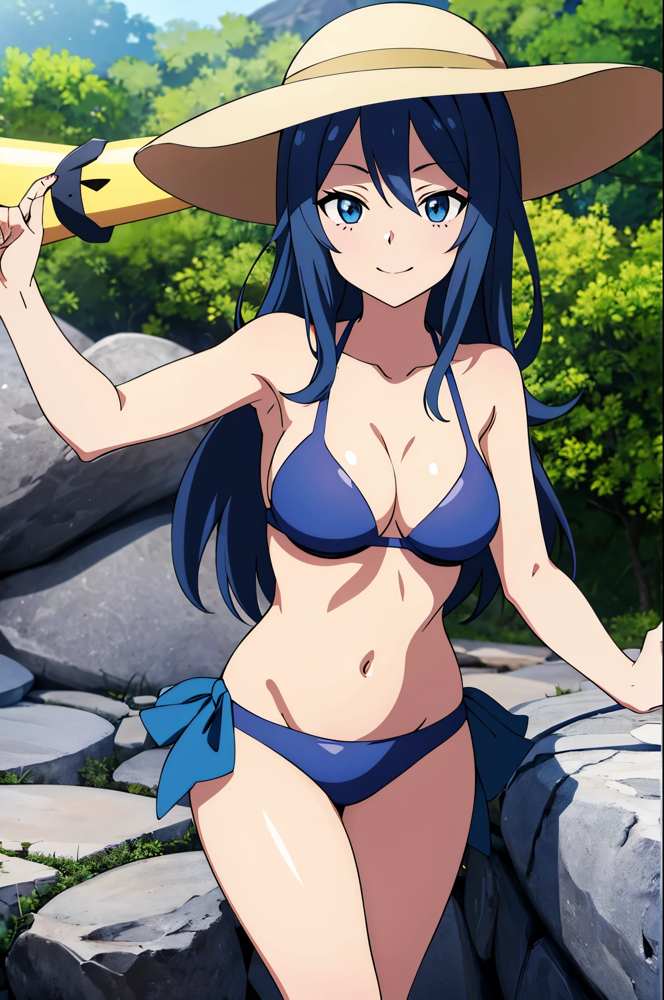 1 woman, medium sized breasts, winking face, dawn hikari pokémon, dawn character, sun hat, dark blue hair, dark blue bikini, defensive stance.