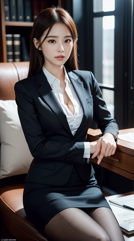Classy upper-class elite secretary in business shirt, Working in the office、Wearing a strict business suit, open all butttons, Wearing pantyhose、Wear high-end high heels、 Girl in a shirt, Wearing a business suit, Wearing a business suit, in a business suit, businesswoman, business clothes, wearing black business suit, Wear a shirt and skirt, Woman in business suit, Business attire, business outfit, all button opens, deep cleavage, Raw photo, (8K、top-quality、masterpiece:1.2)、(intricate detailes:1.4)、(Photorealsitic:1.4)、octane renderings、Complex 3D rendering ultra detail, Studio Soft Light, Rim Lights, vibrant detail, super detailing, realistic skin textures, Detail Face, Beautiful detail eyes, Very detailed CG Unity 16k wallpaper, make - up, (detailedbackground:1.2), Exposed thighs!!!,