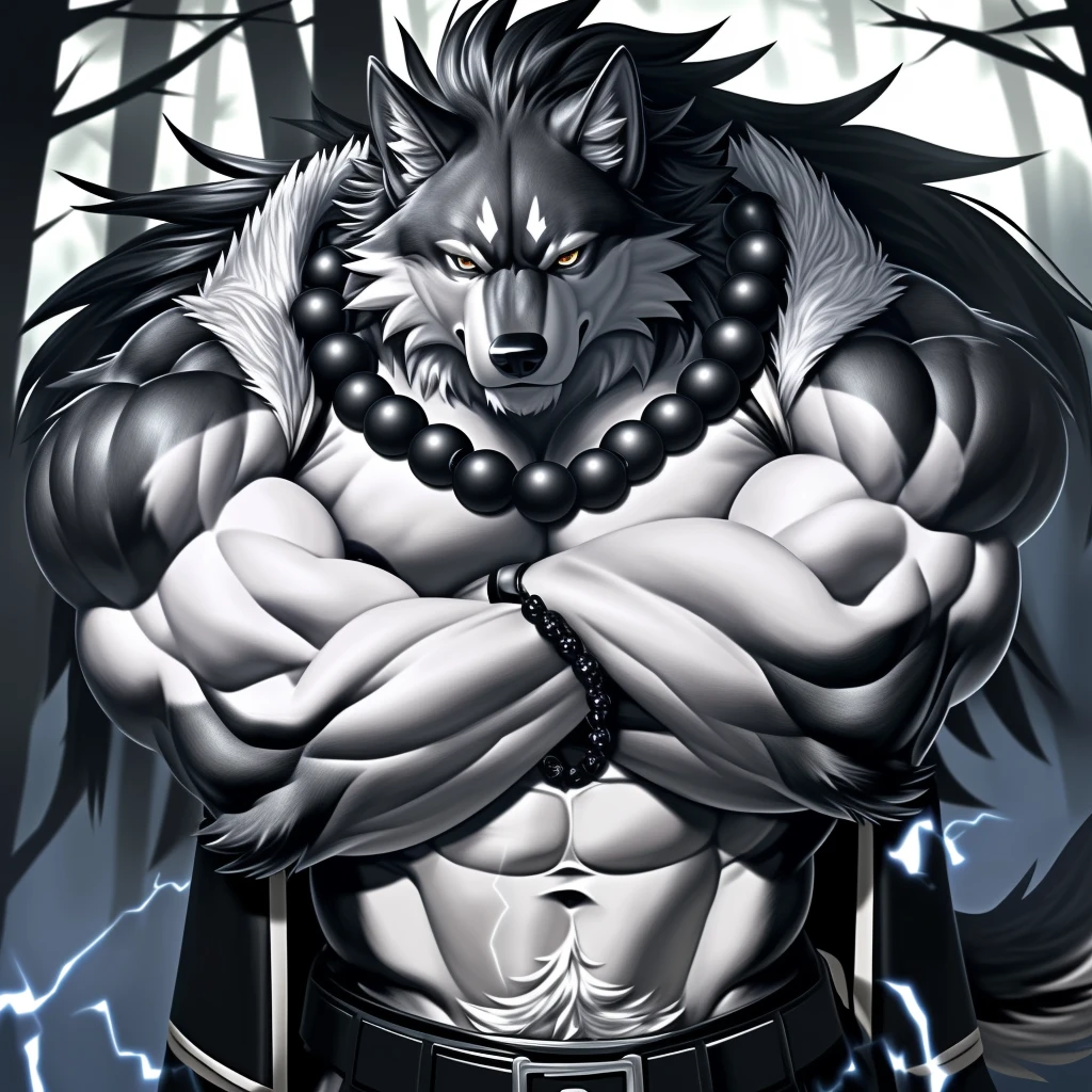(upload on e621), (Masterpiece), (best quality), (ultra high res), 4K, (8k HD), 2D, (perfect anatomy), (digital art), (official art), (extreme detailed), (ultra detailed), (strapsanime), color, (soft shading), (sharp focus), (((excessive silver electric aura both arms))), (((wolf clan members))), (((forest base camp background))), 1man, dark black body fur, (((dark black muscular arms))), silver pecs and belly, detailed fluffy fur, (ultra detailed face), detailed eyes, detailed iris eyes, detailed yellow eyes, white sclera, black pupils, (((big navel))), (((abs))), (((pectoral))), (((arm crossed pose))), (((black claw nails))), furry wolf male, mature male, (((giant size))), (((macro size))), (((full body))), (((dark black giant bulky muscular body fur))), canid, (((huge black nipples))), (huge muscles), (((hyper muscles))), (((huge pecs))), (((oversize pecs))), (((giant biceps))), canine, canis, mammal, dark black wolf, (((powerful wolf god))), wolf male, fierce face, serious expression, (((badass))), wolf anthro, solo, standing, (((wearing full complete sleeveless long black and silver coat jacket))), (((black and silver full complete sleeveless long coat jacket))), (((dark black longest hair))), (((dark black longest back hair))), (((dark black longest hair front lay on pecs,))) (((perfect fingers))), (((five fingers))), (((dark black hands and fingers))), (((wearing fingerless black and grey gloves))), (((black and grey fingerless gloves))), (((black arm bands on his biceps))), (((three black arm bands on his forearms))), (((large longer black prayer beads necklaces on pecs))), (((electric effect on his prayer beads necklaces))), (((dark black and silver underside long wolf tail))), (((black long pants with silver designs with belt straps on left leg))), (((excessive silver electric aura flow entire body)))