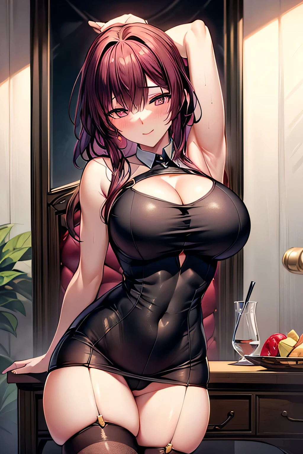 masterpiece, highest quality, High resolution, 1 beautiful slut, mature、(blush)、tight sexy dress,sexy stockings, big breasts, Show me your side、thighs, ((open crotch))、such an ass、
