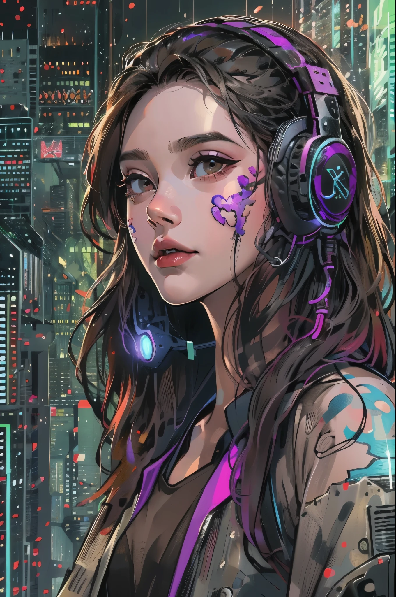 (absurdres, highres, ultra detailed, realistic, ), 1 18 year-old，girl, solo, elegance， long black hair, suits,brown eyes, (headphone)，cyberpunk city background, ultra - detailed, best quality, Detailed diagram, vectorized, 8K,  Graphic design, vector lines, Full-HD，full body