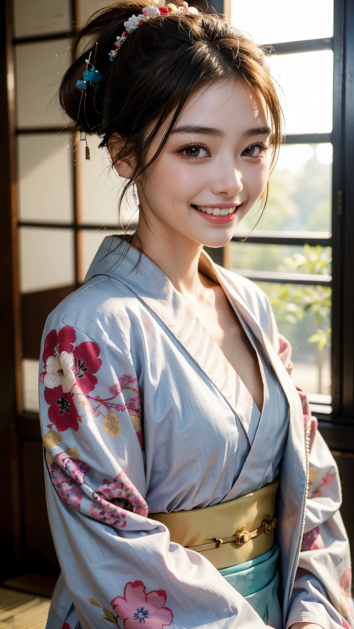 highest quality, masterpiece, ultra high resolution, (realistic:1.4), (close portrait) Raw photo, 1 girl, 22 years old,(((A well-dressed kimono))),((New Year)),masterpiece, realistic pictures, japanese pictures, fuji negative film, saturation, contrast, Pocari Sweat Advertisement ((small breasts)),((smiling showing teeth)),Ponytail and scrunchie,brown hair,