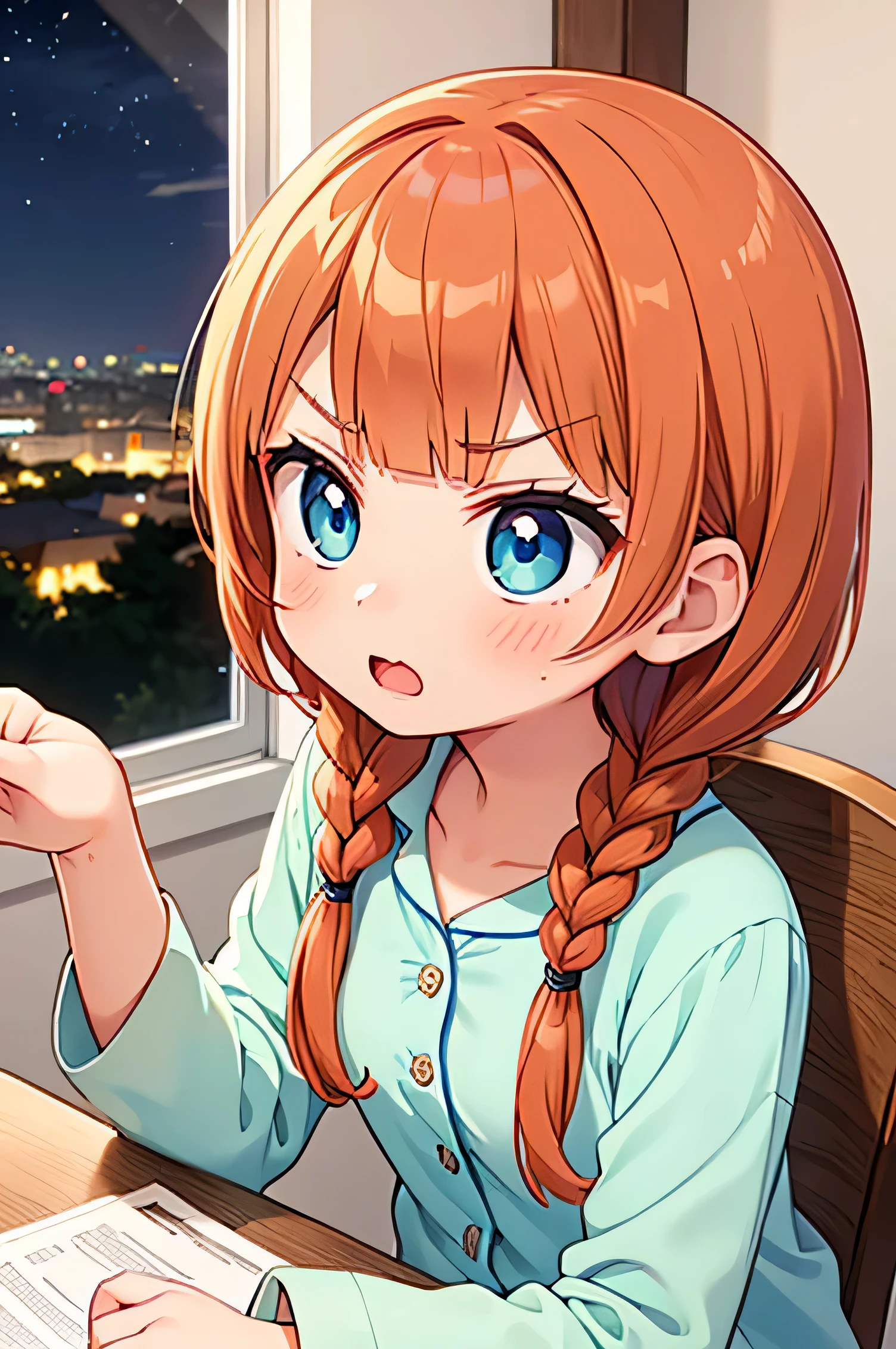 22 year old angry girl, con pelo naranja rojizo, styled with short braids and straight side bangs. ojos azules brillantes, piel de color marron claro. Lleva un pijama verde lima.. Por la noche en la mesa del comedor.