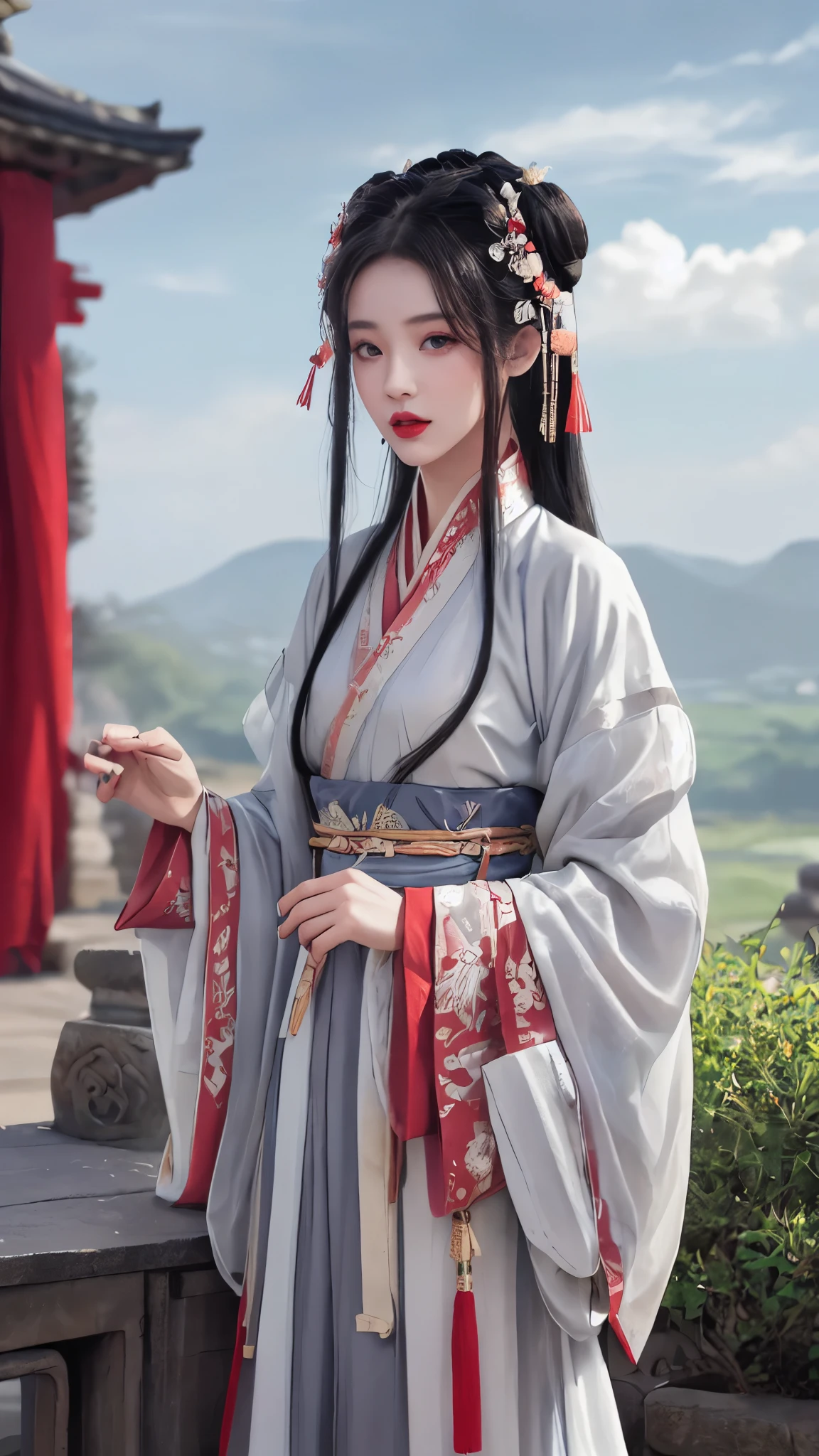 ltra-detailed,highly detailed,best quality,masterpiece,illustration,realistic,photorealistic,
hanfu-jingzhi, 1girl, solo, 
hanfu, chinese clothes, wide sleeves, long sleeves, sash, see-through, layered clothes, 
black hair, long hair,hair ornament, ribbon, hair bun, 
red lips, lipstick, black eyes, makeup, 
looking at viewer, standing, cowboy shot,  
outdoors, photo background, cloud, grey sky, cloudy sky, day, 
