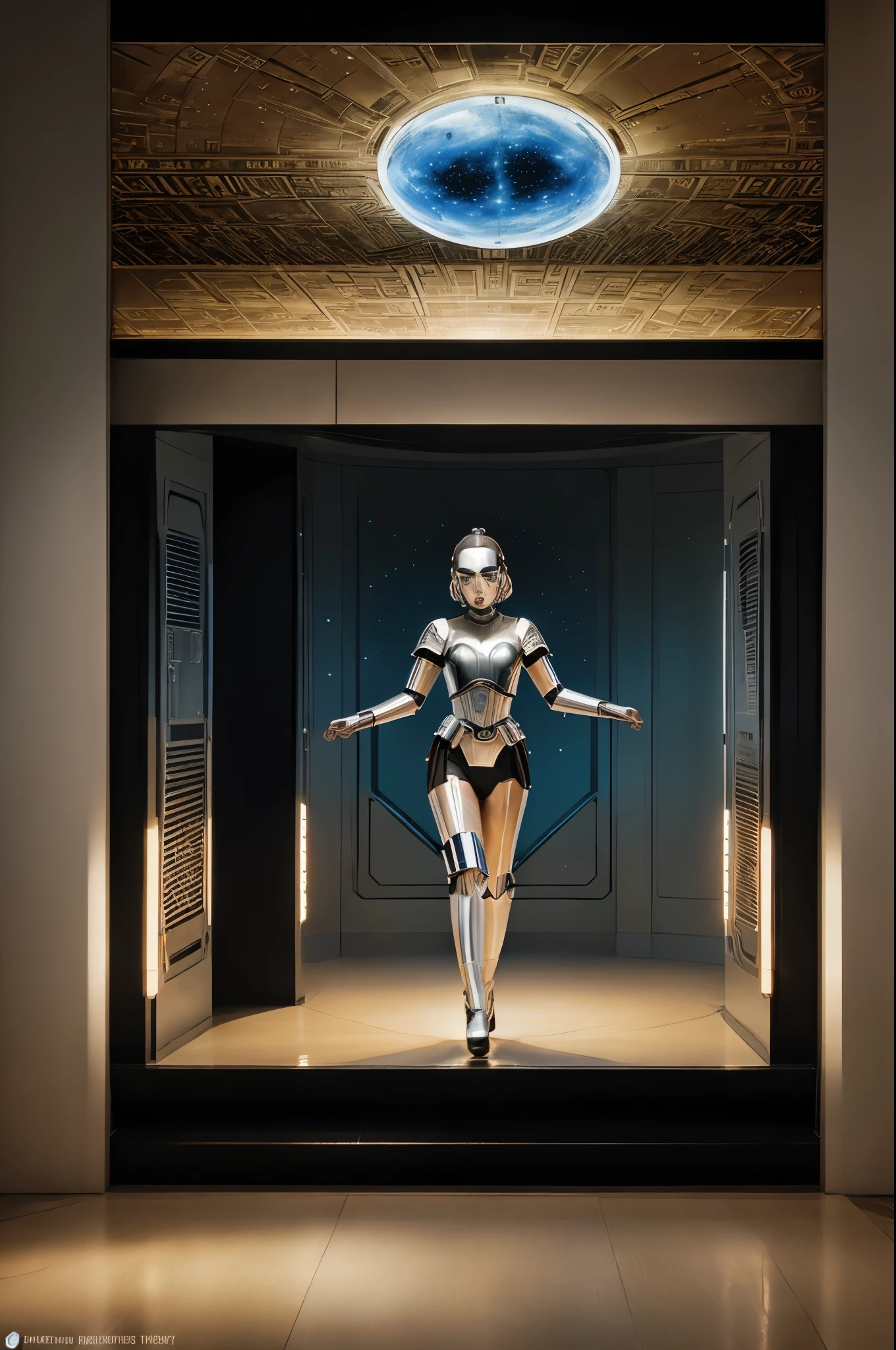 a close-up of a robot and a woman in a room, hajime Sorayama style, style of hajime Sorayama, hajime Sorayama designed girl, Sorayama, inspired by hajime Sorayama, the golden humanoid robot, by hajime Sorayama, escultura feita de ouro, c3po, metal torso