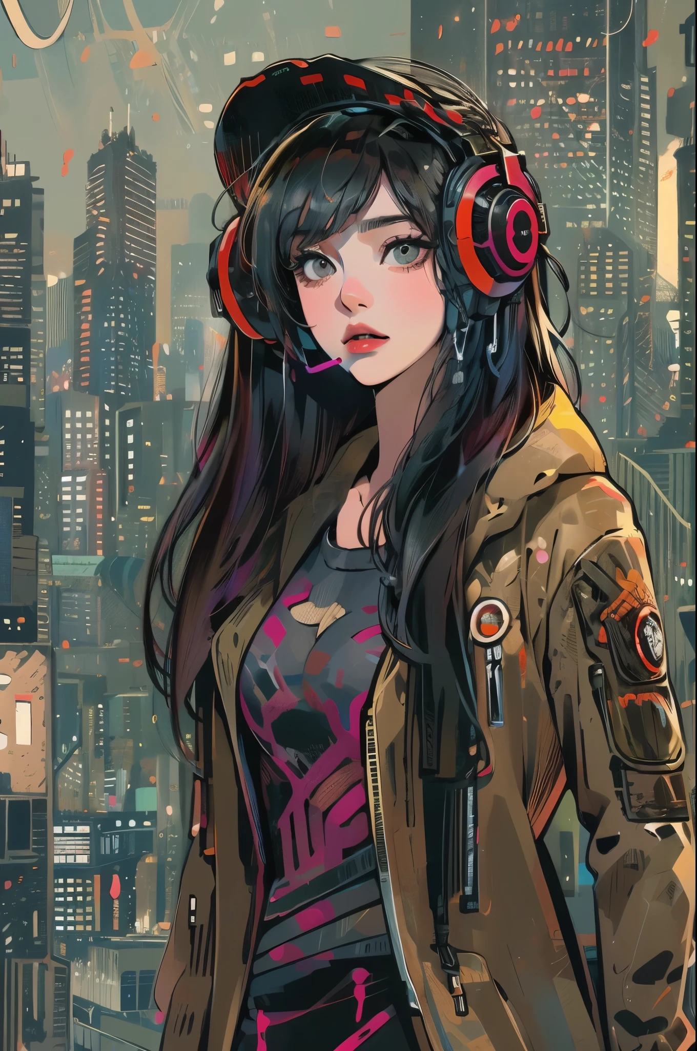 (absurdres, highres, ultra detailed, realistic, ), 1 18 year-old，girl, solo, elegance， long black hair, suits,brown eyes, (headphone)，cyberpunk city background, ultra - detailed, best quality, Detailed diagram, vectorized, 8K,  Graphic design, vector lines, Full-HD，full body