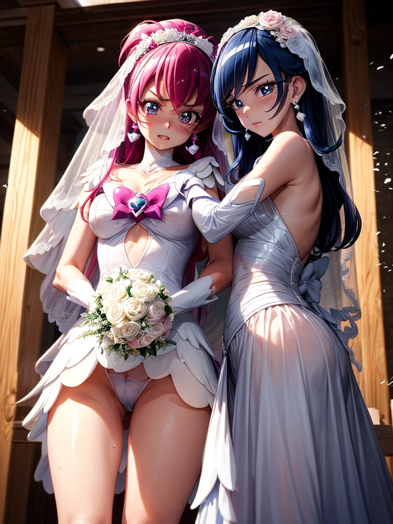 hight resolution, top-quality, ultra-quality, The ultra-detailliert, lighting like a movie、full of sweat、Wearing sweat、(((((sexy precure wedding)))))、、、(My whole body is sweaty、after sex、show off your pussy、not wearing underwear、accurate anatomy、beautiful nipples、protest、angry face、blush、)、Obscene atmosphere、Front Camera Angle