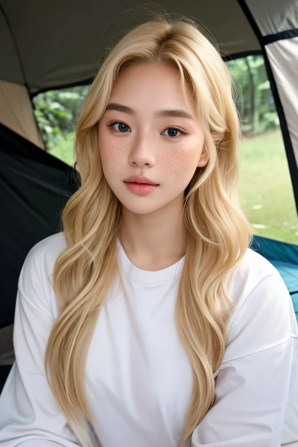 ultra realistic dark photo of 22 year old beautiful woman with blonde hair, hair roots slightly faded, Malaysian, influencer, light freckles, brown eyes, park, camping, no makeup, Instagram