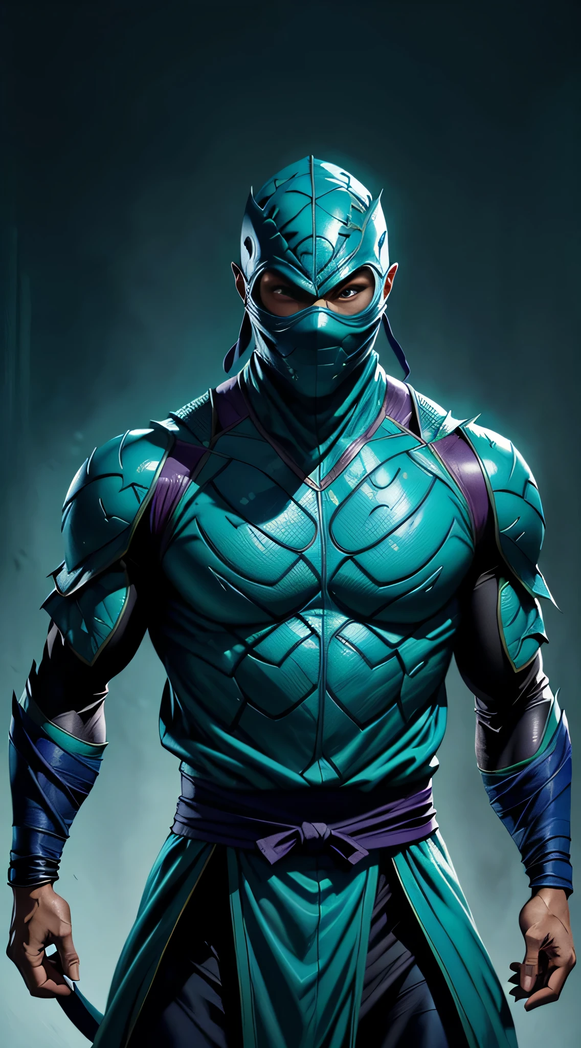 ((Daniel Wu)) as Chameleon from Mortal Kombat, (1boy), fighting standing, turquoise ninja outfit, (with reptilian motifs), (ninja mask covering his lower face), intricate, high detail, sharp focus, dramatic, photorealistic painting art by greg rutkowski