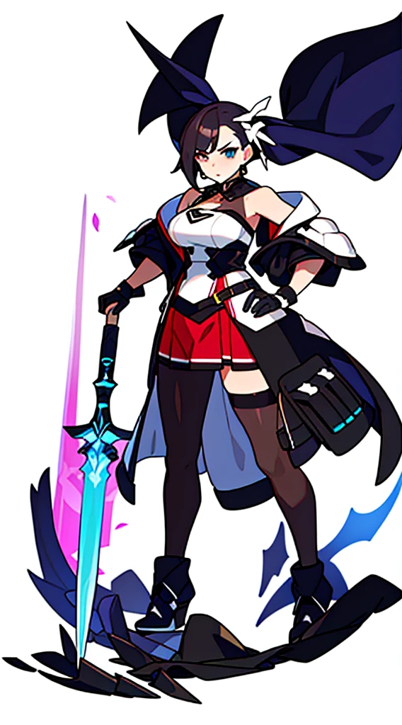 reference sheet, solo woman, (((white background))), character focus, fantasy clothes, standing, full body, shorts, bustier, skirt, holding weapon,