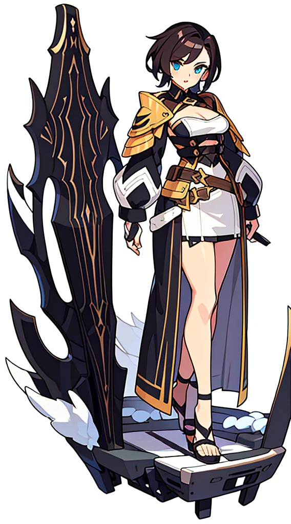 reference sheet, solo woman, (((white background))), character focus, fantasy clothes, standing, full body, shorts, bustier, skirt, holding weapon,