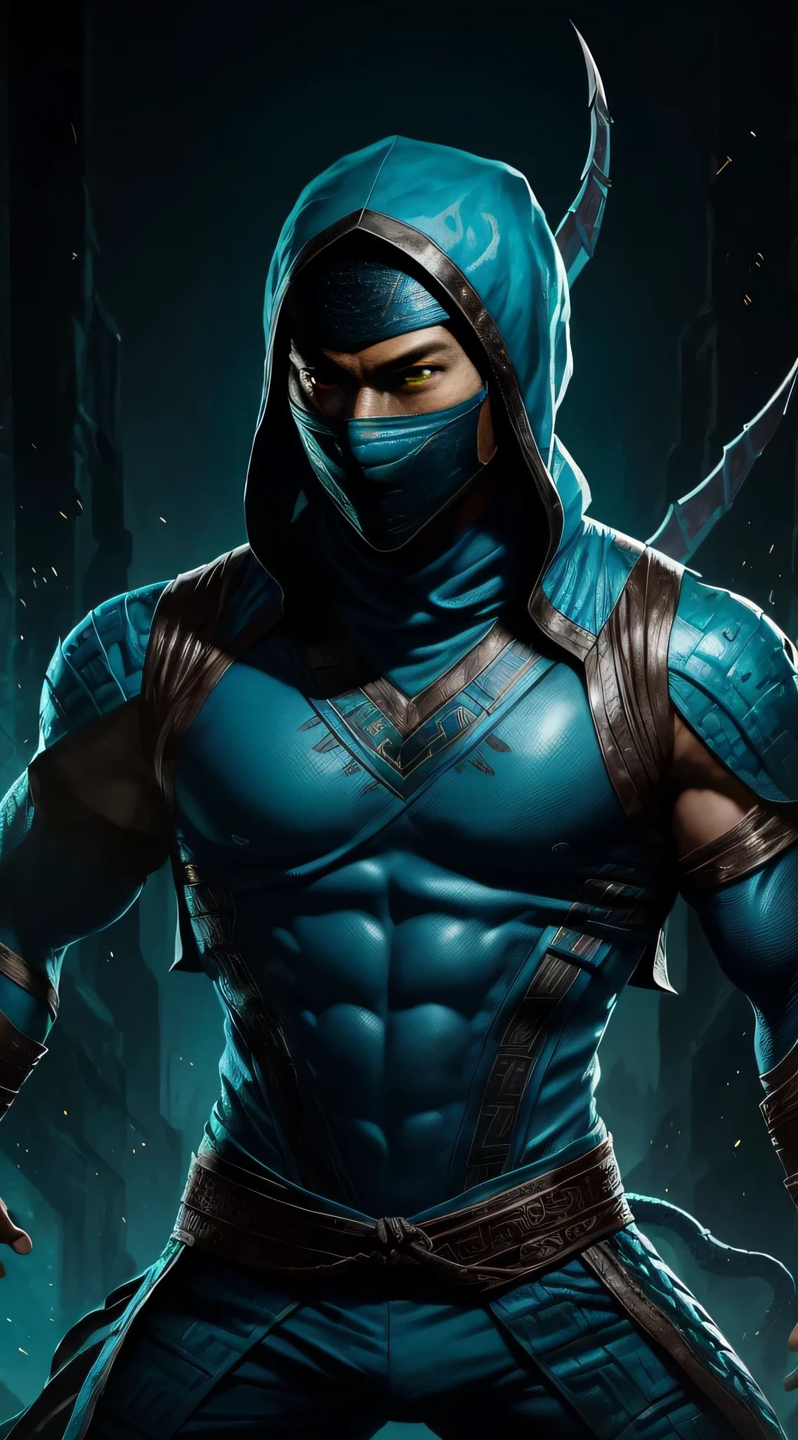 ((Daniel Wu)) as Chameleon from Mortal Kombat, (1boy), fighting standing, turquoise ninja outfit, (with reptilian motifs), (ninja mask covering his lower face), intricate, high detail, sharp focus, dramatic, photorealistic painting art by greg rutkowski