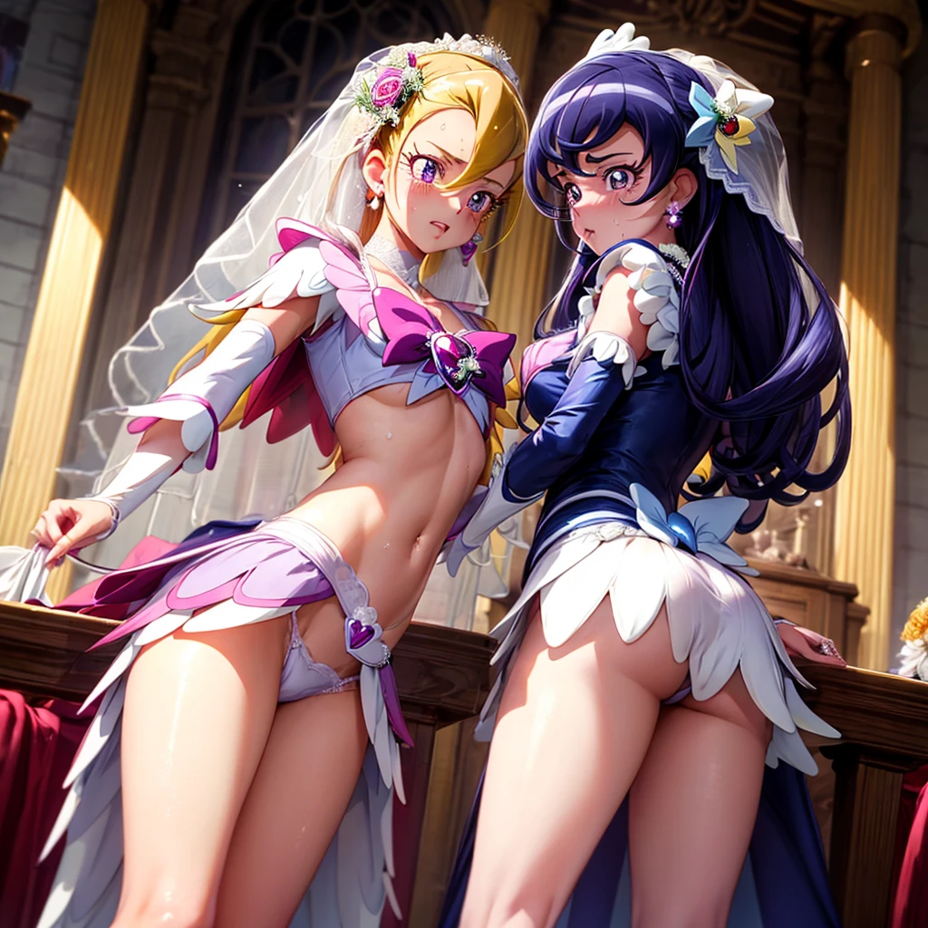 hight resolution, top-quality, ultra-quality, The ultra-detailliert, lighting like a movie、full of sweat、Wearing sweat、(((((sexy precure wedding)))))、、、(My whole body is sweaty、after sex、show off your pussy、not wearing underwear、accurate anatomy、beautiful nipples、protest、angry face、blush、)、Obscene atmosphere、Front Camera Angle