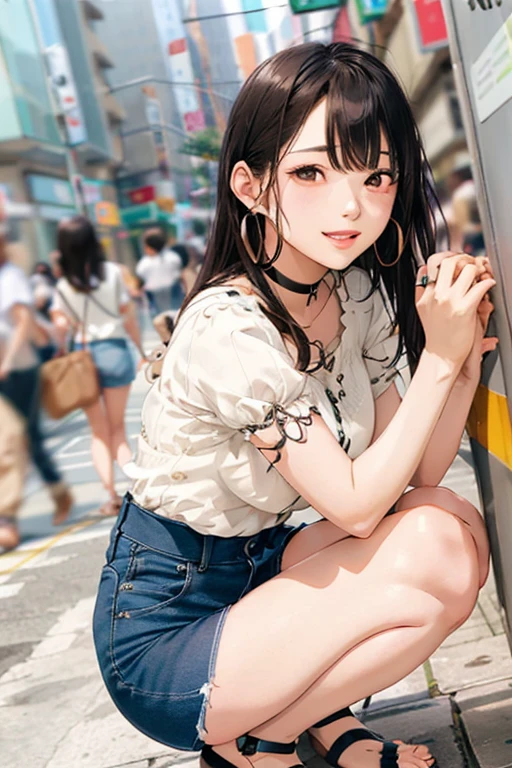 a women, blush, ecstasy face, climbing and (straddling) to hit her cute panties on the flat bar, open legs, raise leg, open mouth, (masturbation), downtown, place where many people pass, (anime background), sky, simple necklace, small earrings, fluffy, knit,