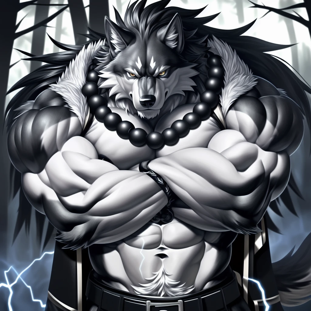 (upload on e621), (Masterpiece), (best quality), (ultra high res), 4K, (8k HD), 2D, (perfect anatomy), (digital art), (official art), (extreme detailed), (ultra detailed), (strapsanime), color, (soft shading), (sharp focus), (((excessive silver electric aura both arms))), (((wolf clan members))), (((forest base camp background))), 1man, dark black body fur, (((dark black muscular arms))), silver pecs and belly, detailed fluffy fur, (ultra detailed face), detailed eyes, detailed iris eyes, detailed yellow eyes, white sclera, black pupils, (((big navel))), (((abs))), (((pectoral))), (((arm crossed pose))), (((black claw nails))), furry wolf male, mature male, (((giant size))), (((macro size))), (((full body))), (((dark black giant bulky muscular body fur))), canid, (((huge black nipples))), (huge muscles), (((hyper muscles))), (((huge pecs))), (((oversize pecs))), (((giant biceps))), canine, canis, mammal, dark black wolf, (((powerful wolf god))), wolf male, fierce face, serious expression, (((badass))), wolf anthro, solo, standing, (((wearing full complete sleeveless long black and silver coat jacket))), (((black and silver full complete sleeveless long coat jacket))), (((dark black longest hair))), (((dark black longest back hair))), (((dark black longest hair front lay on pecs,))) (((perfect fingers))), (((five fingers))), (((dark black hands and fingers))), (((wearing fingerless black and grey gloves))), (((black and grey fingerless gloves))), (((black arm bands on his biceps))), (((three black arm bands on his forearms))), (((large longer black prayer beads necklaces on pecs))), (((electric effect on his prayer beads necklaces))), (((dark black and silver underside long wolf tail))), (((black long pants with silver designs with belt straps on left leg))), (((excessive silver electric aura flow entire body)))