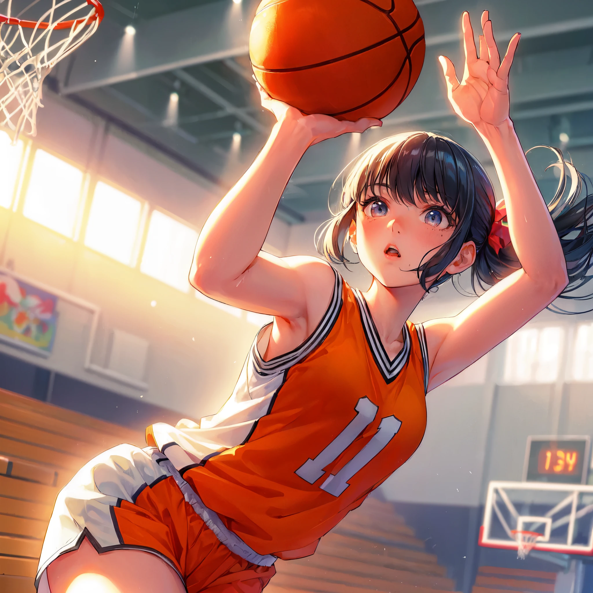high quality,hd,16k,sharp line,1girl,female basketball athlete ,cute face, middle breasts, nice legs, sweat,in basketball venue,focus girl,detailed beautiful face,detailed clothes,beautiful eyes,cool,dynamic angle