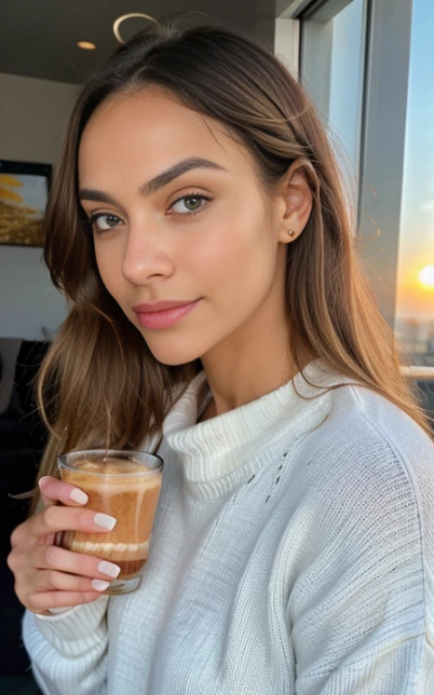 Beautiful blonde in pink sweater (Sipping coffee inside a modern café at sunset), Muy detallado, 21 years, Cara inocente, cabello ondulado natural, ojos azules, high resolution, obra maestra, Mejor calidad, detalles intrincados, muy detallado, Sharp focus, piel detallada, Realista skin textura, textura, ojos detallados, profesional, 4k, sonrisa encantandora, disparado en Canon, 85mm, Poca profundidad de campo, Kodak Vision Color, cuerpo en forma perfecta, extremadamente detallado, Foto_\(Ultra\), photoRealista, Realista, Postprocesamiento, maximum detail, Aspereza, vida real, Ultra Realista, fotorrealismo, Photography, 8k UHD, Photography