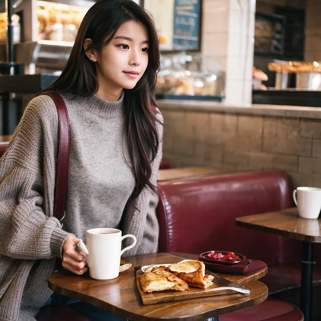 Gray sweater，Burgundy leather coat，Extra-long hair，Exposed shoulder，Breakfast place