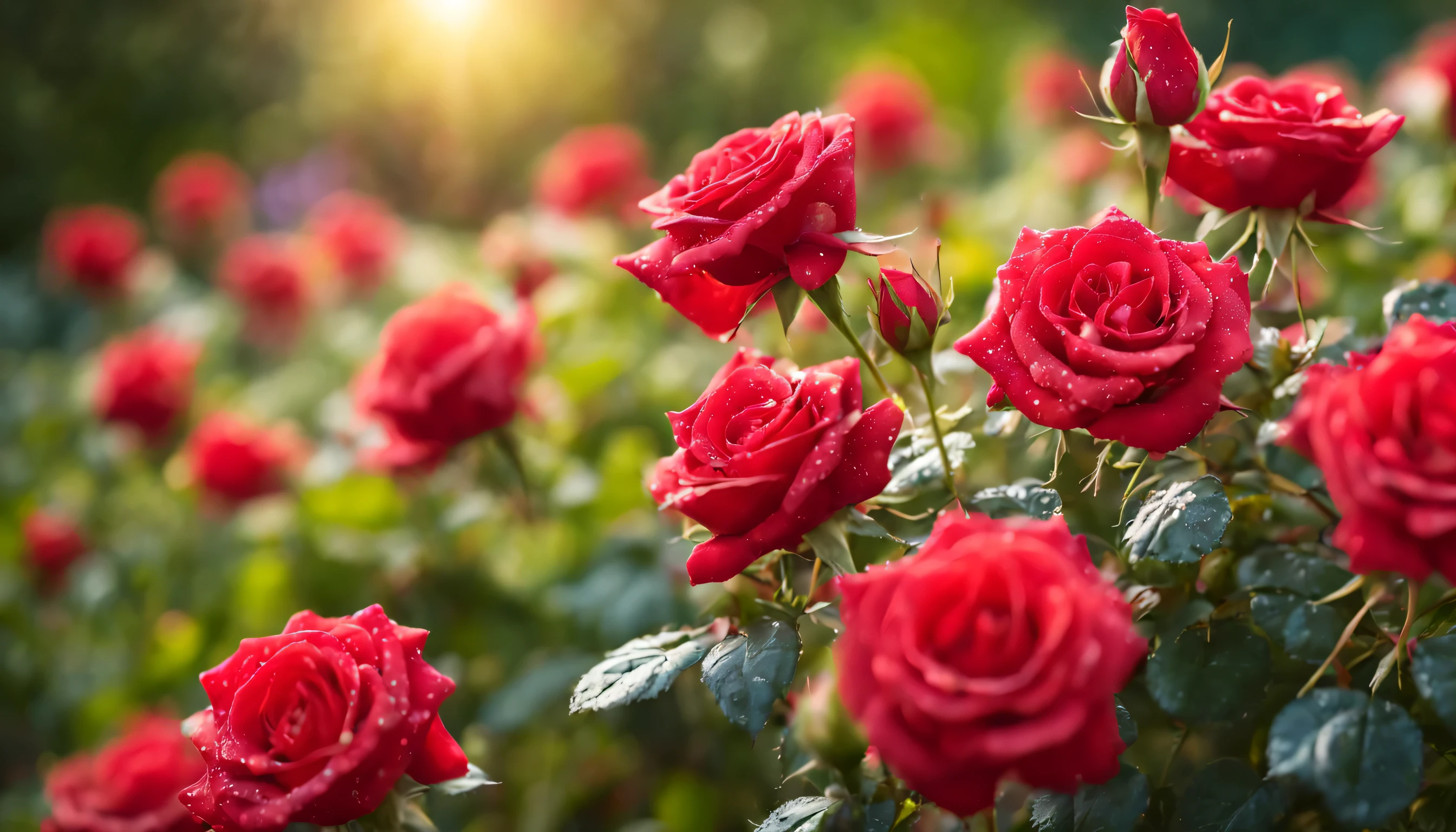Many red color rose flowers in the garden and sunlight with bokeh, dew drops on flower petalasterpiece, ultra quality, high resolution, 8k, intricate: 1.2), (masterpiece), (best quality:1)