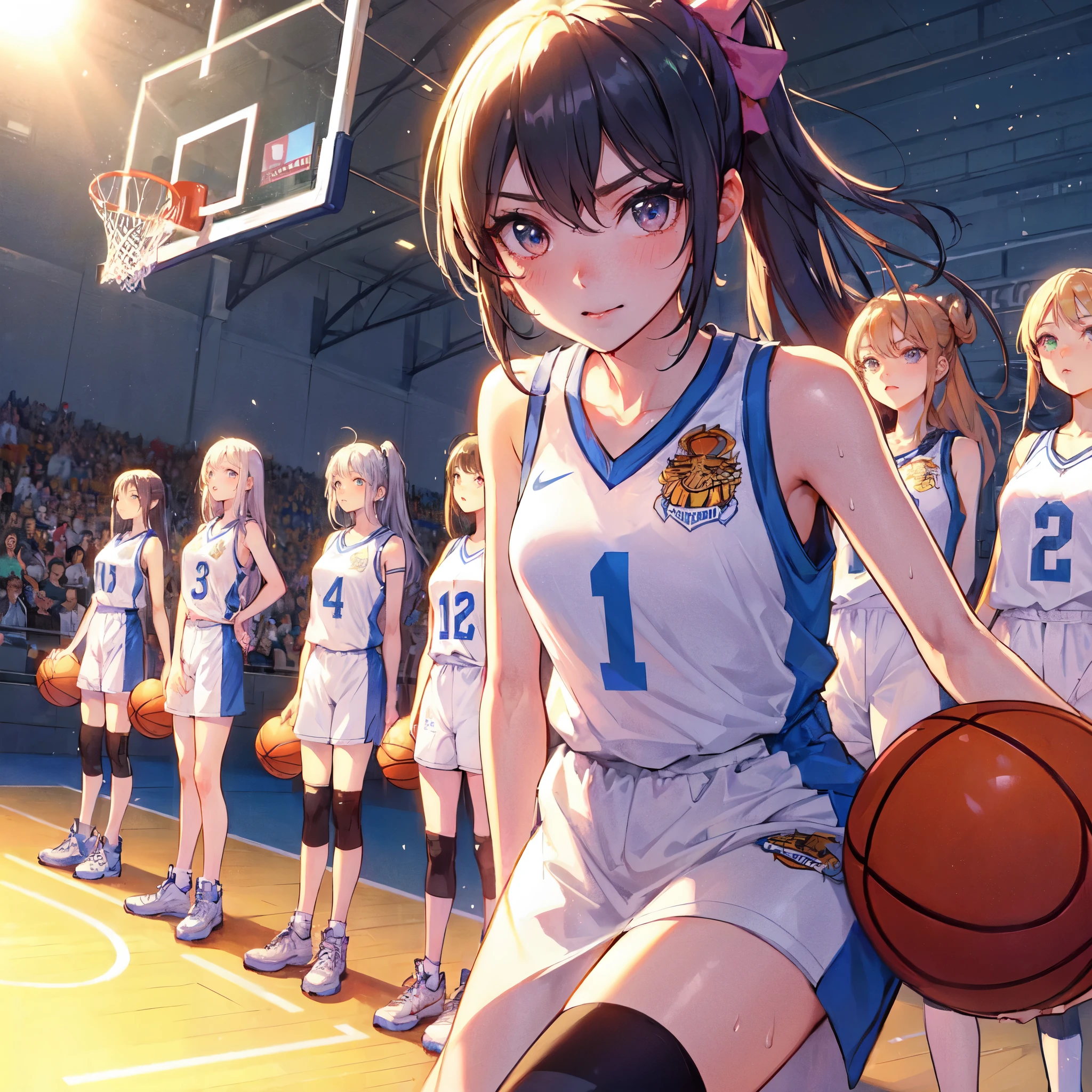 high quality,hd,16k,sharp line,1girl,female basketball athlete ,cute face, middle breasts, nice legs, sweat,in basketball venue,focus girl,detailed beautiful face,detailed clothes,beautiful eyes,cool,dynamic angle