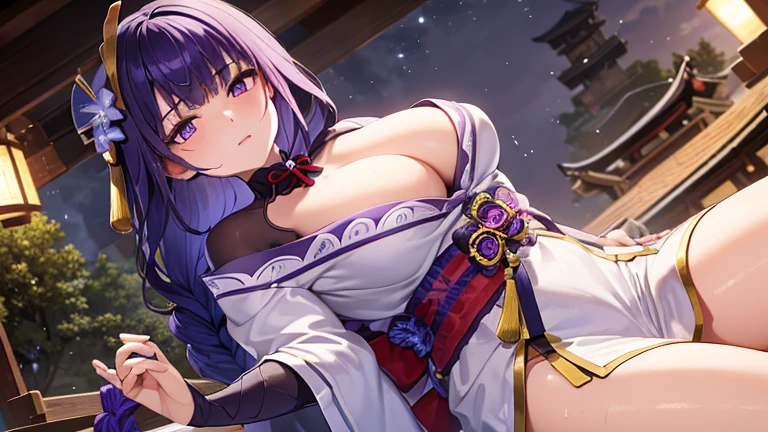 masterpiece, best quality, 1girl, solo, raiden shogun, long hair, purple hair, purple eyes, medium breasts, braided ponytail, hair ornament, blunt bangs, flowers, mole, mole under eye, sweat, wet, Kimono Top, Kimono bottom, Shrine background, Behind the shrine, Nighttime, Rain, Umbrella
