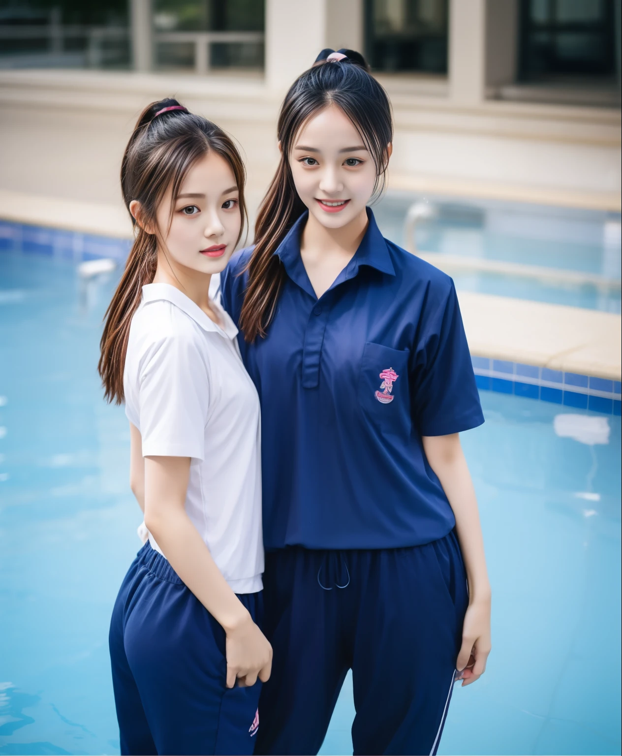 2 girls in the swimming pool, Navy blue short-sleeved shirt,Navy Long Trackpant,Sweatpants, Sweatpantsขายาว,25 year old girl, lesbian, sexy, exercise clothes, wet body