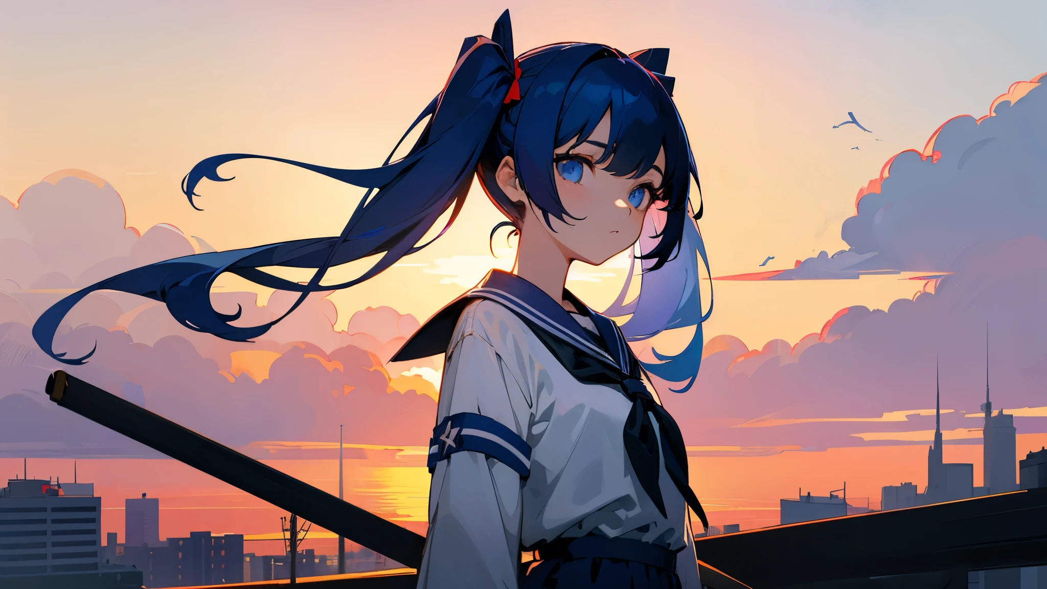 The background is the city of sunset、dark blue hair、blue eyes、twin tails、have a knife、stand on a stick、look forward、The whole body is reflected、Expressionless、student、The upper body is a sailor suit、The lower body is wearing a jumpsuit、Kanata