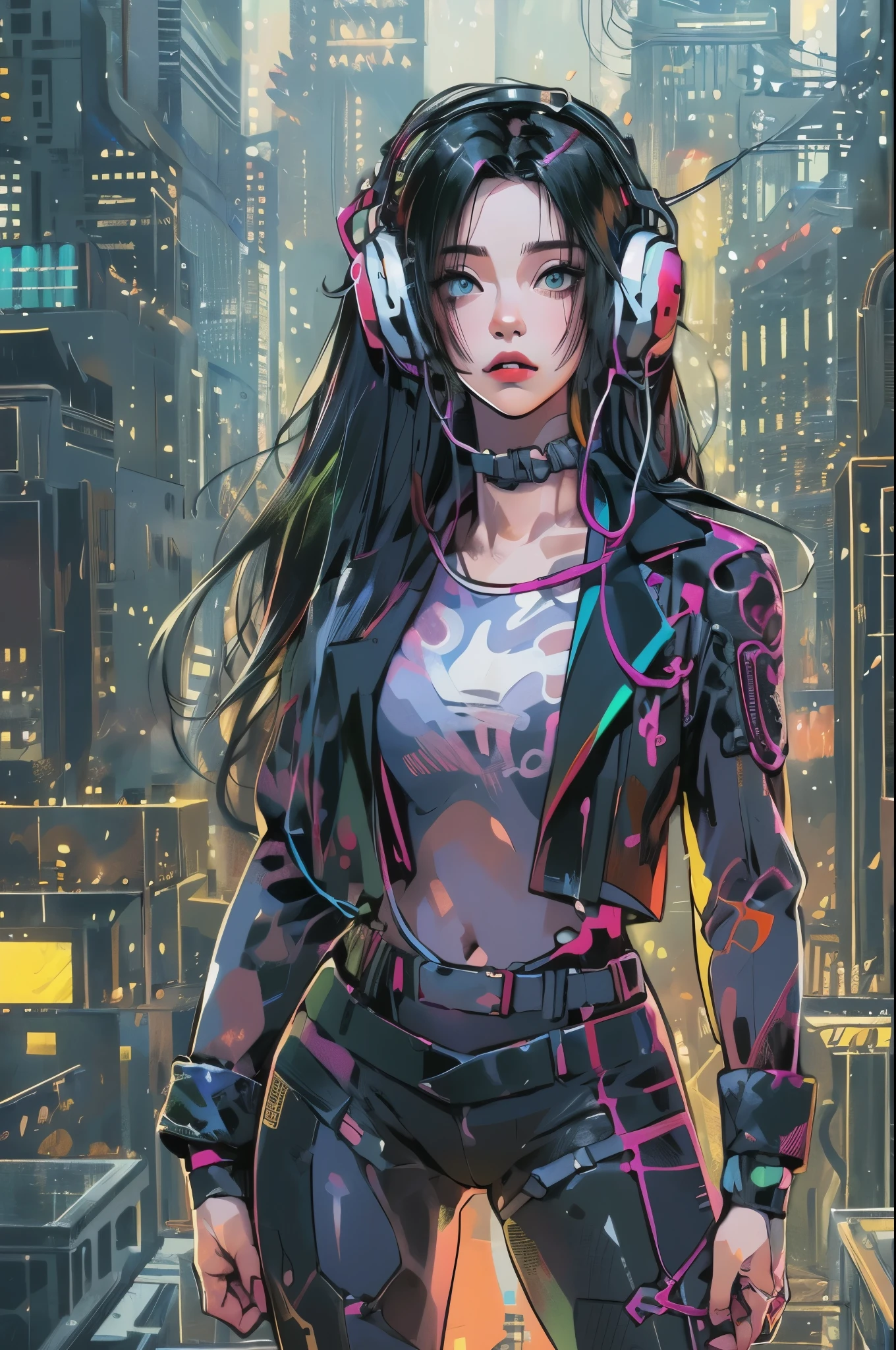 (absurdres, highres, ultra detailed, realistic, ), 1 18 year-old，girl, solo, elegance， long black hair, suits, (headphone)，cyberpunk city background, ultra - detailed, best quality, Detailed diagram, vectorized, 8K,  Graphic design, vector lines, Full-HD，full body