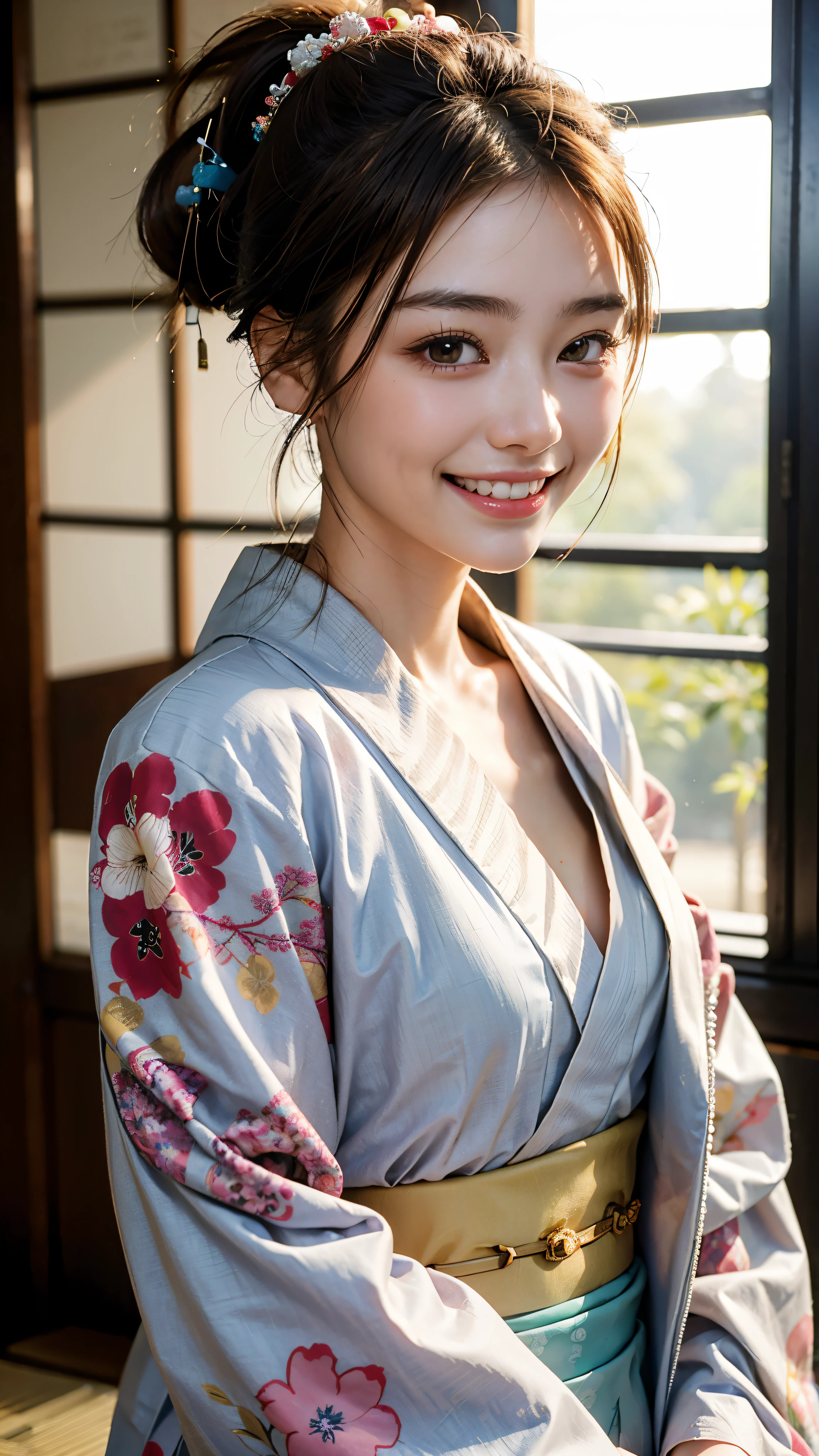 highest quality, masterpiece, ultra high resolution, (realistic:1.4), (close portrait) RAW photo, 1 girl, 22 years ago,(((A well-dressed kimono))),((new year)),masterpiece, realistic pictures, japanese pictures, fuji negative film, saturation, contrast, Pocari Sweat Advertisement ((small breasts)),((smile showing teeth)),Ponytail and scrunchie,brown hair,