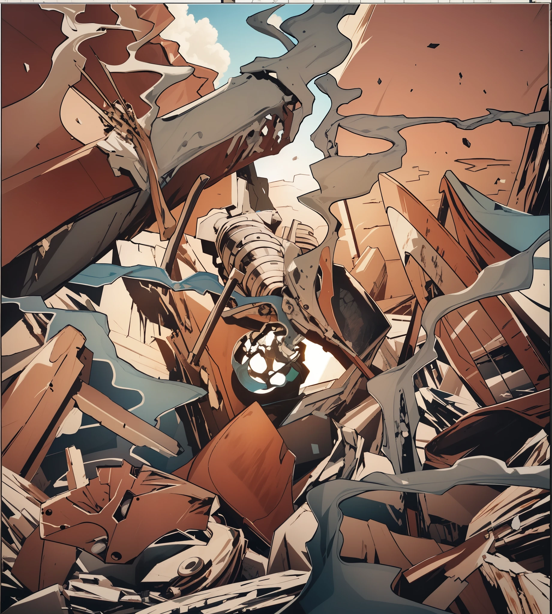 Capture the breathtaking moment as the aftermath of a massive explosion leave rubble and skeletons. This RAW masterpiece showcases an ultra-high resolution, photorealistic full-body portrait, illuminated by the warm glow of sunlight. The scene is rendered in the captivating style of mecha sci-fi anime, boasting an impressive 8K resolution for the best quality imagery. Crafted with Unreal Engine 1.4, this piece features ultra-realistic 64K CG, skin texture at 1.4, and volumetric fog to add depth and atmosphere. The details are further enhanced with 8K UHD, DSLR quality, film grain, and the artistic touch of lomography. The result is a stunning blend of high-quality visuals, translucent effects, and photorealism that truly captivates the viewer.