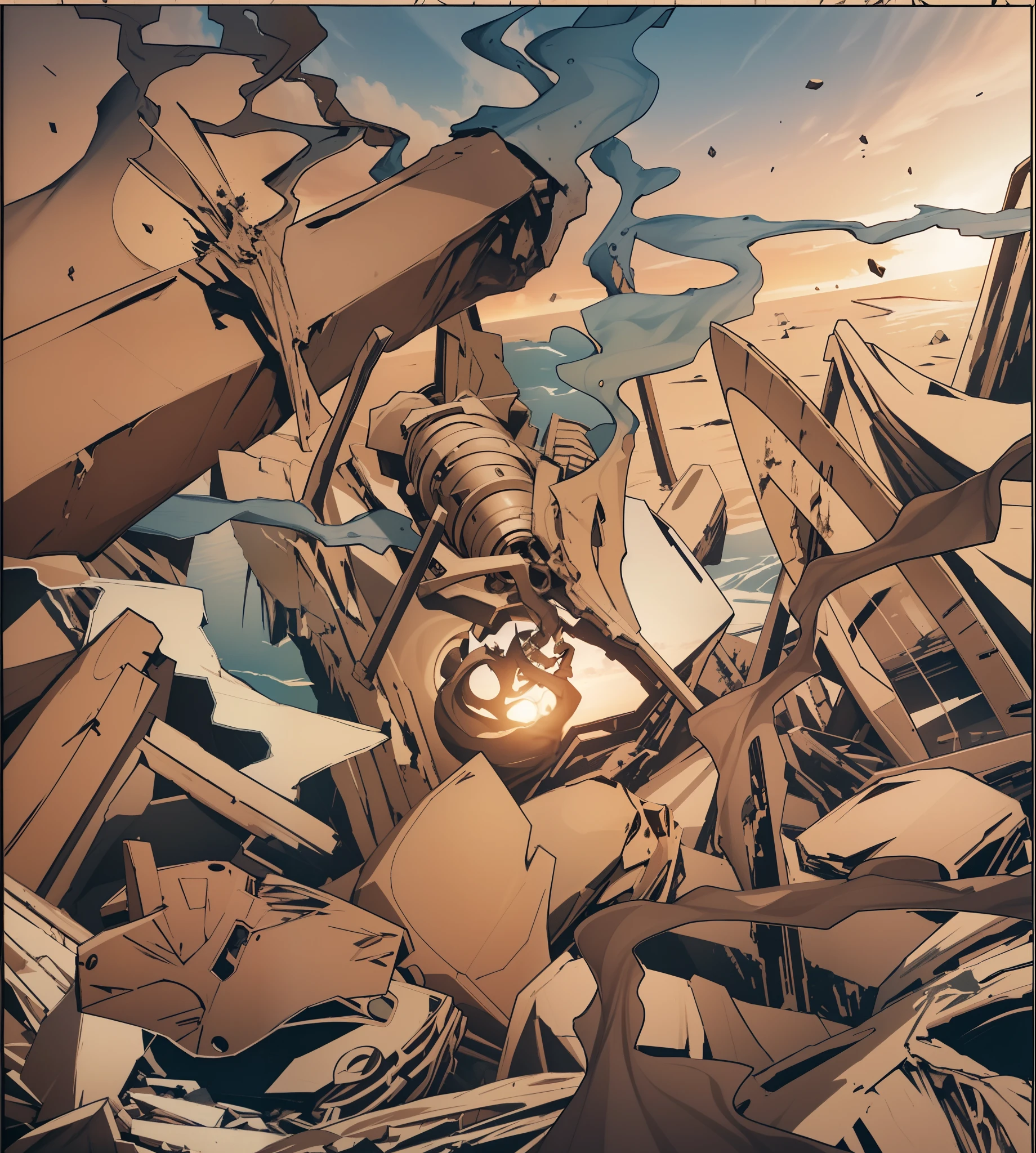 Capture the breathtaking moment as the aftermath of a massive explosion leave rubble and skeletons. This RAW masterpiece showcases an ultra-high resolution, photorealistic full-body portrait, illuminated by the warm glow of sunlight. The scene is rendered in the captivating style of mecha sci-fi anime, boasting an impressive 8K resolution for the best quality imagery. Crafted with Unreal Engine 1.4, this piece features ultra-realistic 64K CG, skin texture at 1.4, and volumetric fog to add depth and atmosphere. The details are further enhanced with 8K UHD, DSLR quality, film grain, and the artistic touch of lomography. The result is a stunning blend of high-quality visuals, translucent effects, and photorealism that truly captivates the viewer.
