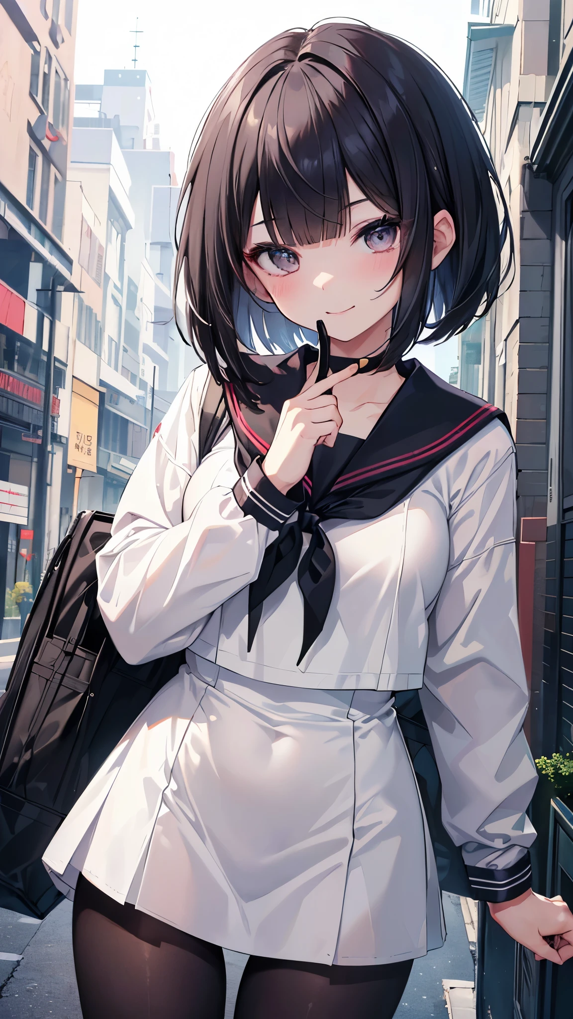 (8K、Highest image quality、highest quality、masterpiece)、detailed face、1 girl、black hair、bob cut、blunt bangs、gray eyes、evil smile、Moderate chest、((white serafuku:1.5))、leotard、black pantyhose、cowboy shot、Ruin background