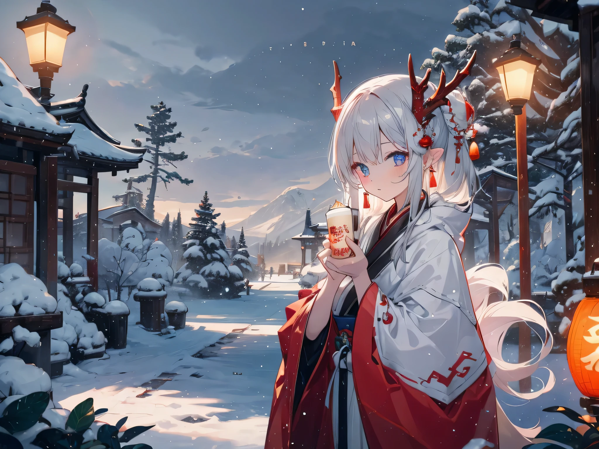 ，golden dragon horn，，8K HD quality，Background of snow，（Lantern 1 in the upper left corner：3），（Firecracker 1 in the lower right corner：3），c middle position，Wearing a red cotton-padded jacket with white edges，Single protagonist，holding a big character &Quote;blessing&Quote;，standing posture