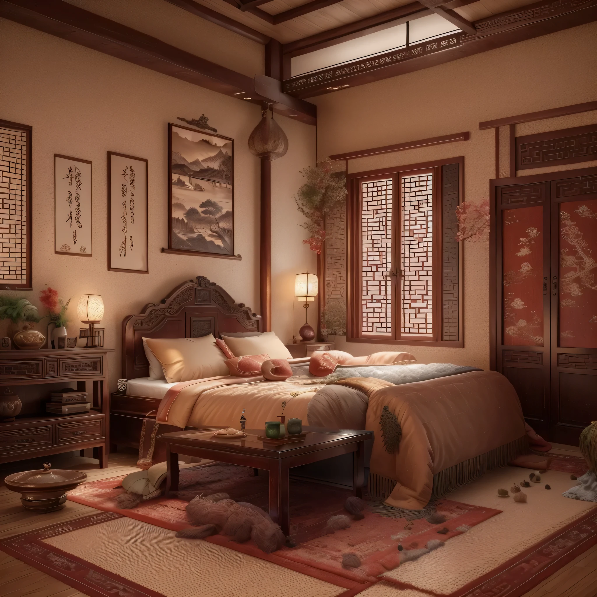 A traditional Chinese bedroom with antique wooden furniture, delicate carvings, and soft lighting, featuring ancient-style doors and elegant window coverings, ornate zither quietly placed in the corner, ink paintings hanging on the wall, exquisite jade carvings by the window, fragrant aroma diffusing throughout the room, displaying elegant calligraphy and antique artifacts, exuding a rich cultural atmosphere. (best quality,4k,8k,highres,masterpiece:1.2),ultra-detailed,(realistic,photorealistic,photo-realistic:1.37),traditional Chinese landscape,antique artistry,subtle and warm color palette,soft and natural lighting.