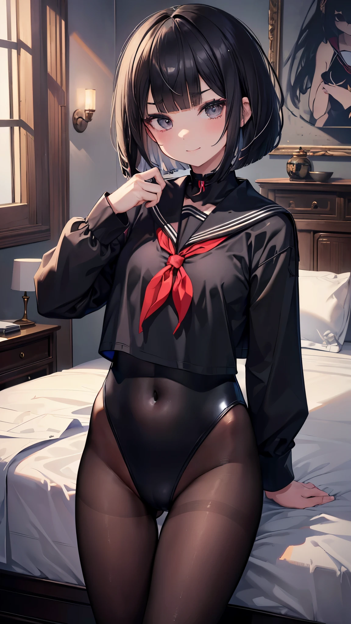 (8K、Highest image quality、highest quality、masterpiece)、detailed face、1 girl、black hair、bob cut、blunt bangs、gray eyes、evil smile、Moderate chest、((black serafuku:1.5))、((black leotard:1.2))、black pantyhose、cowboy shot、bedroom background