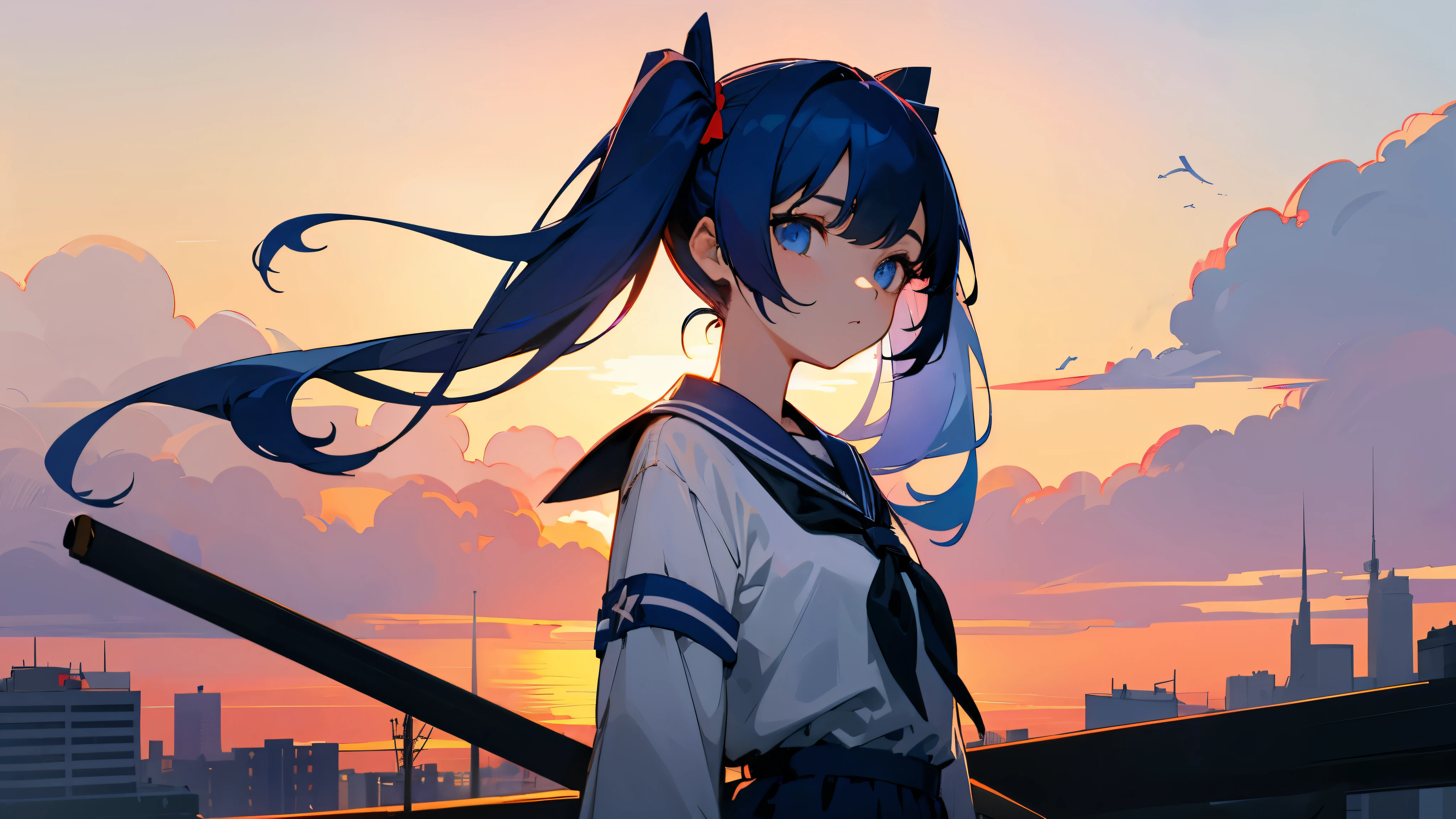 The background is the city of sunset、dark blue hair、blue eyes、twin tails、have a knife、stand on a stick、look forward to、The whole body is reflected、Expressionless、student、The upper body is a sailor suit、The lower body is wearing a jumpsuit、kanata