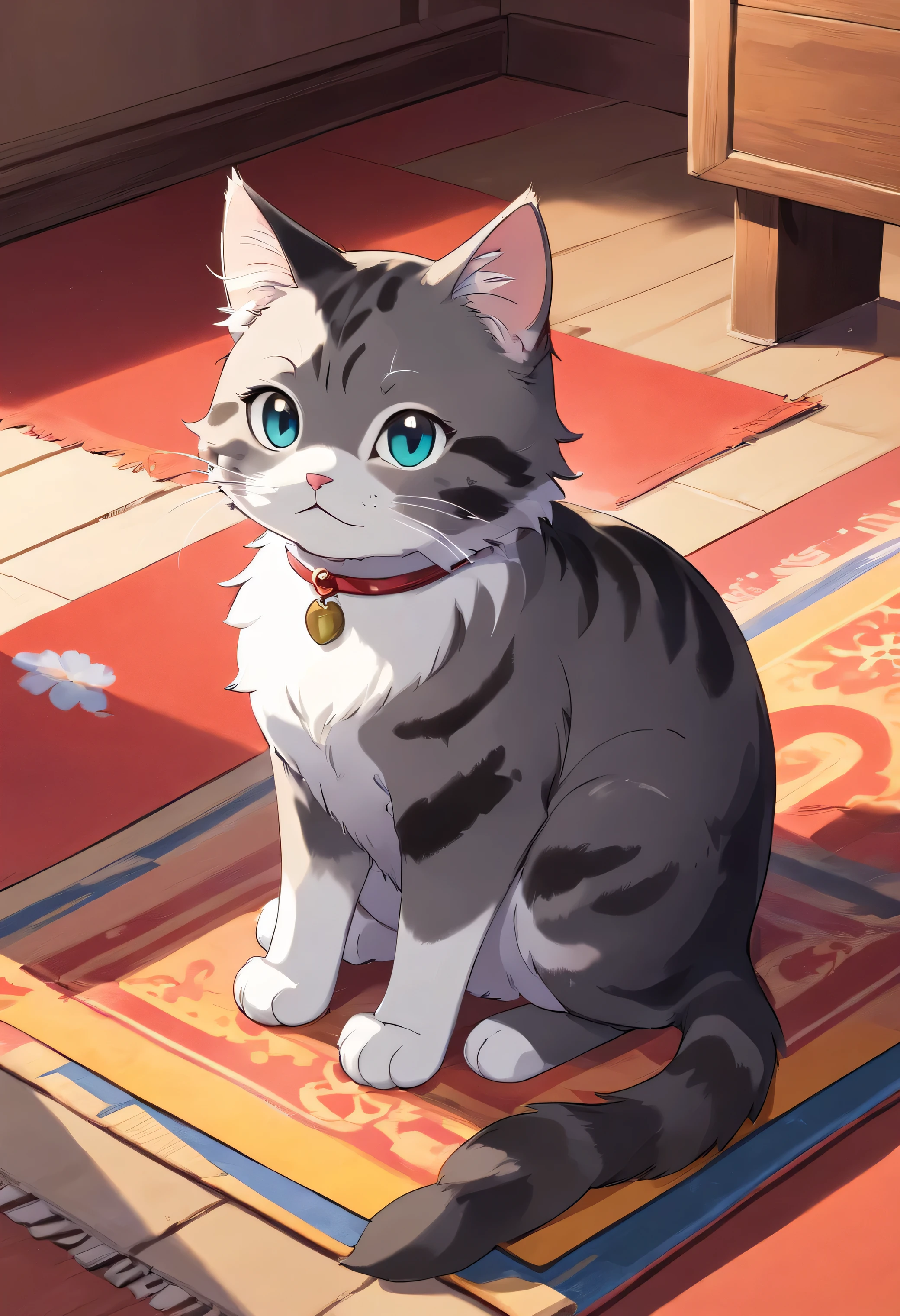 A cute cat with glossy eyes,full body, detailed, sitting in a mat,vivid colors, cute,Black and white tabby cat,Lazy,Love to be coquettish, simple background