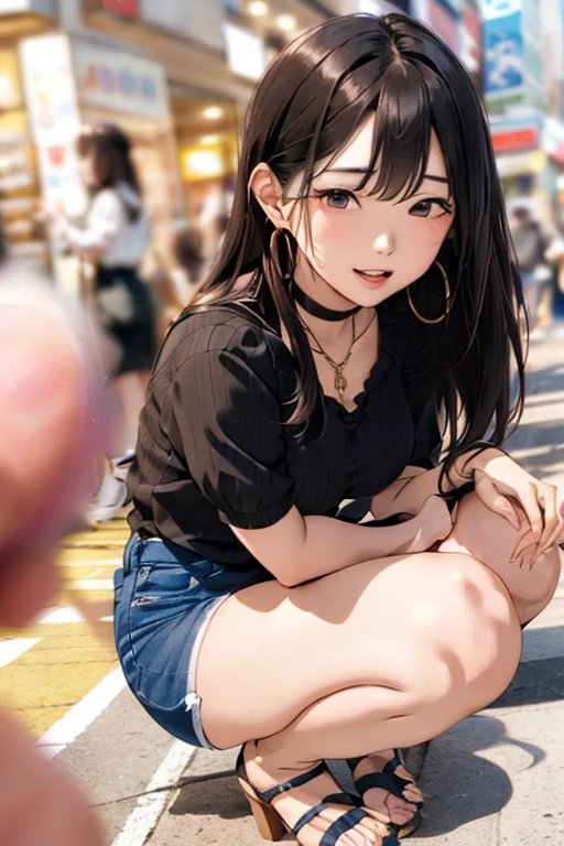 masterpiece, best quality,1girl,young girl,brown eyes,long hair,shiny skin,(nice leg line:1.3),thick thighs,thin waist,huge breasts
BREAK
, Black_bodysuit, high-waisted_shorts, platform_sandals, chain_choker_necklace, hoop_earrings,
BREAK
, Department_store,,crowd,depth of field,looking at viewer,squatting,from side,upper body,legsupsexms