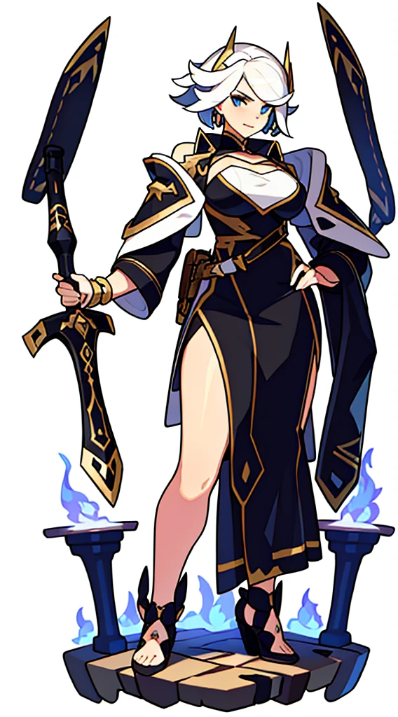 (((Best Quality))) , ((full body)), female, reference sheet, solo, (white background), holding staff, gloves, loin cloth , cloak,