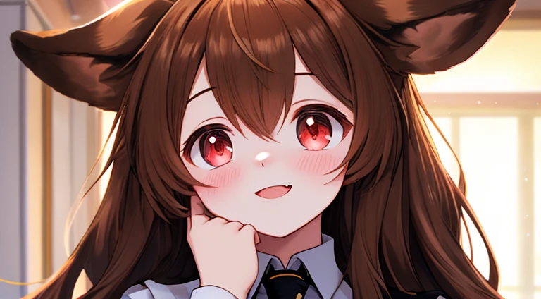 (best quality,highres,masterpiece:1.2),ultra-detailed, 1 girl, harmonious finger proportions, One girl with long hair, brown_hair, looking away, embarrassed, blushing, mouth small open, indoor, maid, maid costume, thigh, necktie, hands on own face, ear blush, covering face, mature female, close up, animal_ears, long_hair, dog_ears, brown_hair, bangs, red_eyes, smile, dog_girl, open_mouth, breasts, blush, hair_between_eyes, very_long_hair