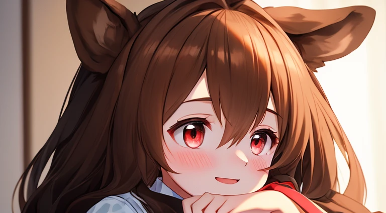 fluffy hair,Brown hair,((Braided shorthair)),Slightly red tide,((Brown eyes)),(((Trembling girl ))),(NSFW),((独奏)),((1 persons)),((masturbation)),((put you in my mouth)),(Prone),((close up of face)),Kamimei,((red and white bunny girl)),(Head dress),red heart-shaped earrings,