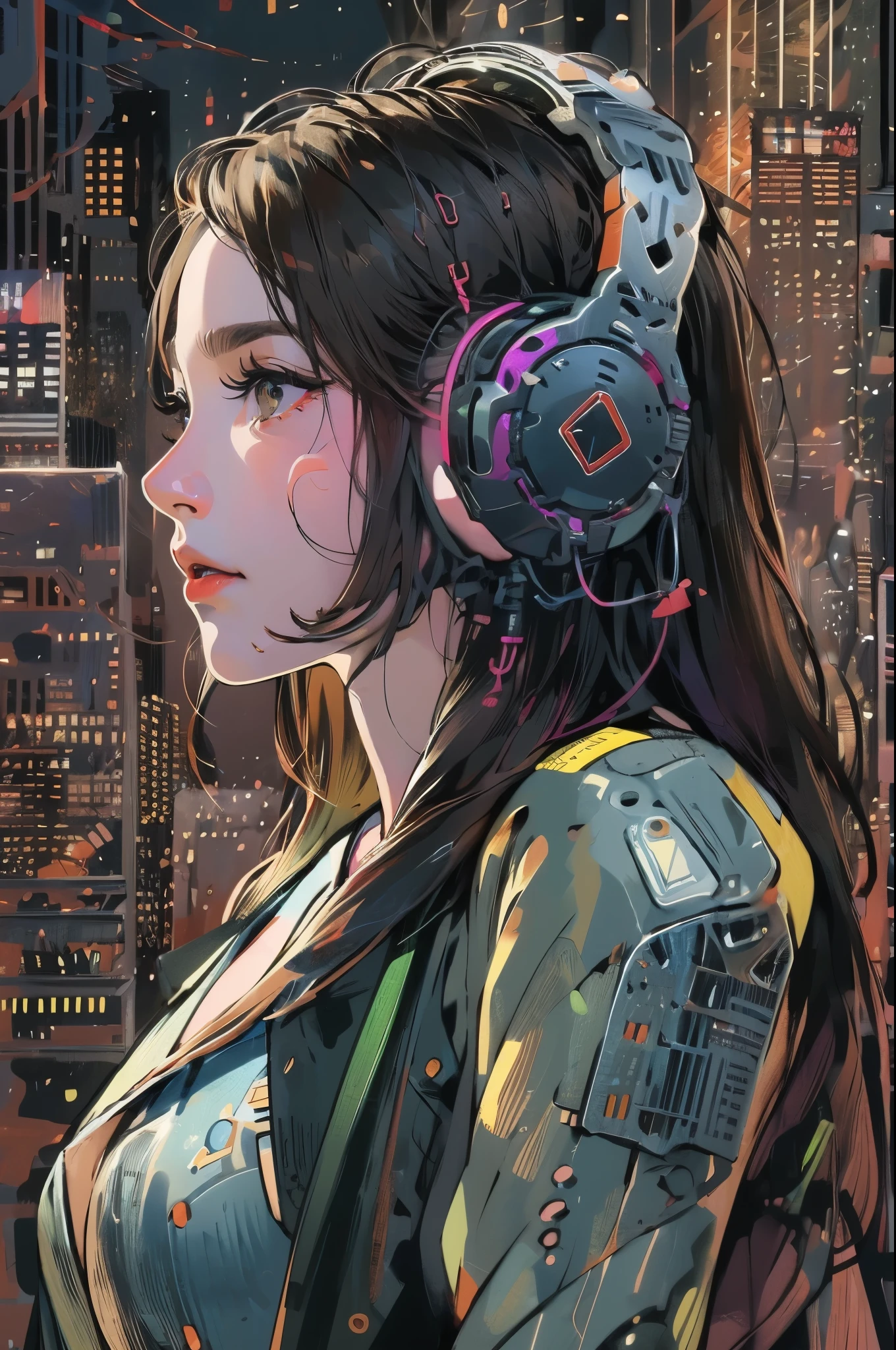 (absurdres, highres, ultra detailed, realistic, ), 1 18 year-old，girl, solo, elegance， long black hair, suits,brown eyes,  (headphone)，cyberpunk city background, ultra - detailed, best quality, Detailed diagram, vectorized, 8K,  Graphic design, vector lines, Full-HD，full body